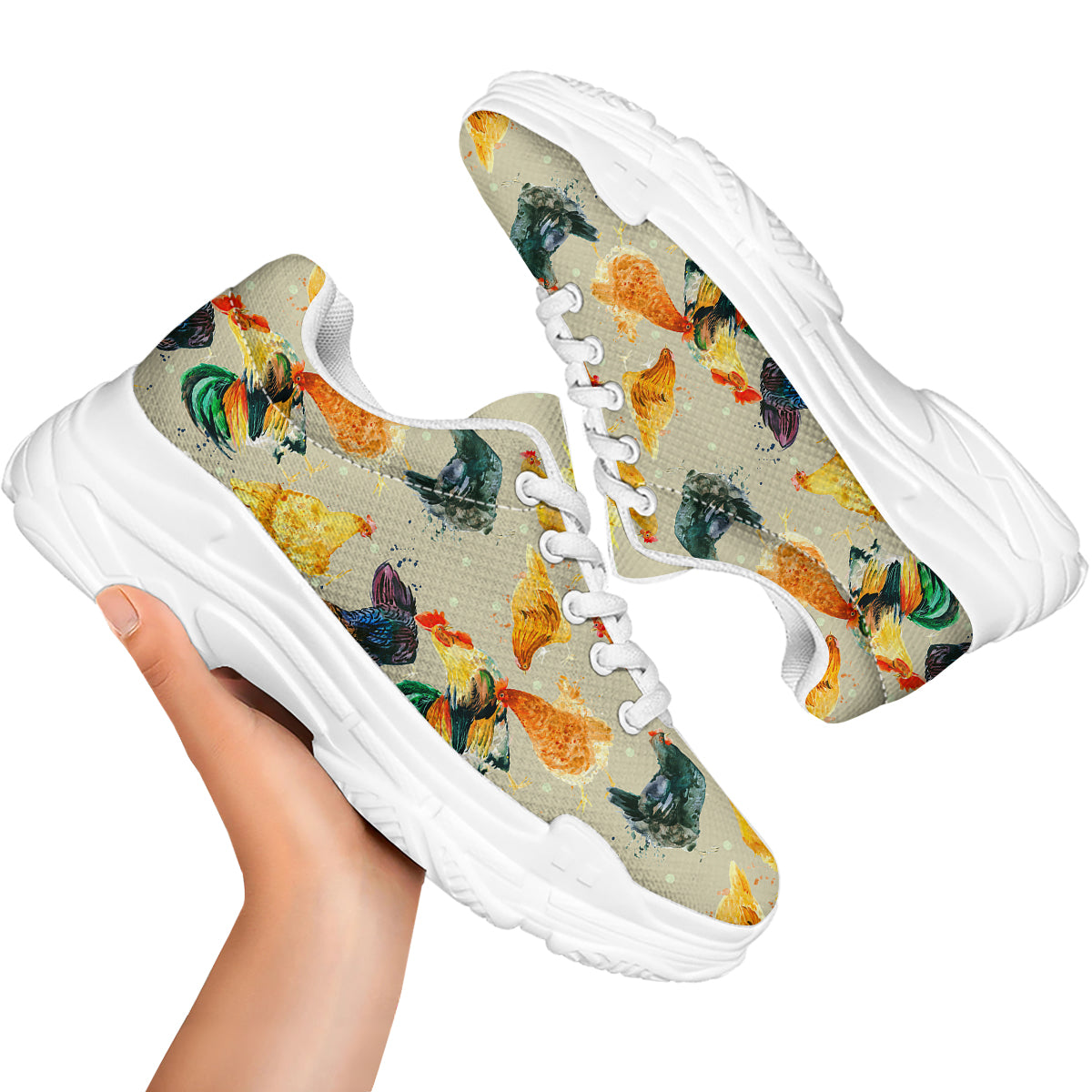 Rooster Watercolor Print Pattern White Chunky Shoes-grizzshop