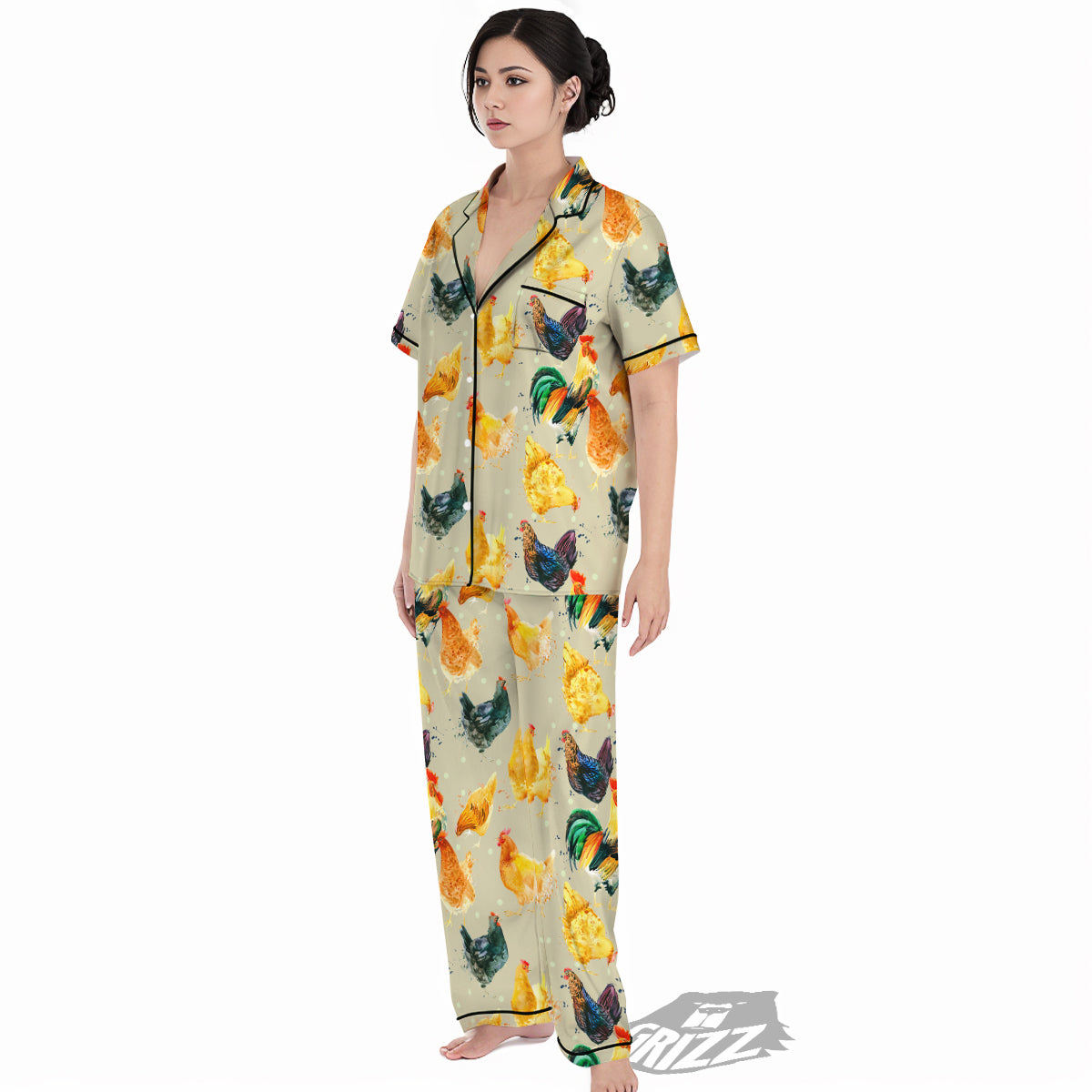 Rooster Watercolor Print Pattern Women's Pajamas Set-grizzshop