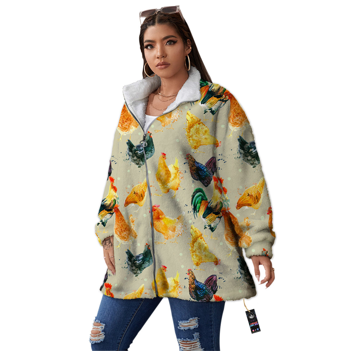 Rooster Watercolor Print Pattern Women's Sherpa Jacket-grizzshop