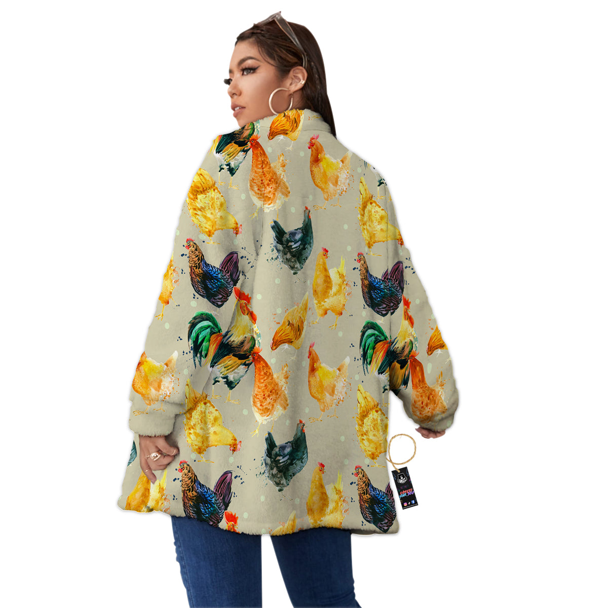 Rooster Watercolor Print Pattern Women's Sherpa Jacket-grizzshop