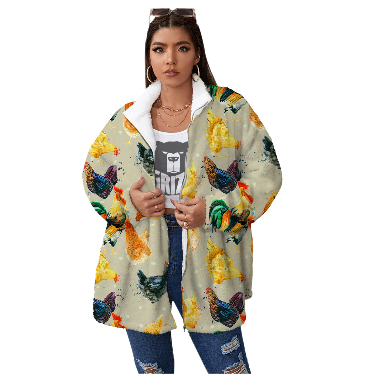 Rooster Watercolor Print Pattern Women's Sherpa Jacket-grizzshop