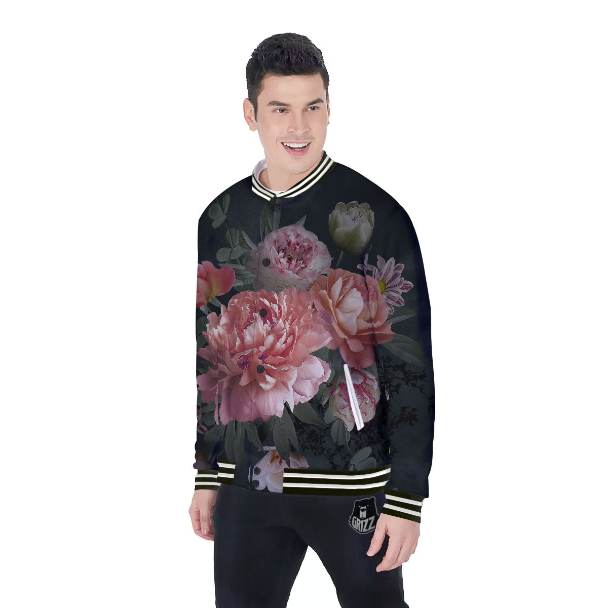 Rose And Peony Print Baseball Jacket-grizzshop