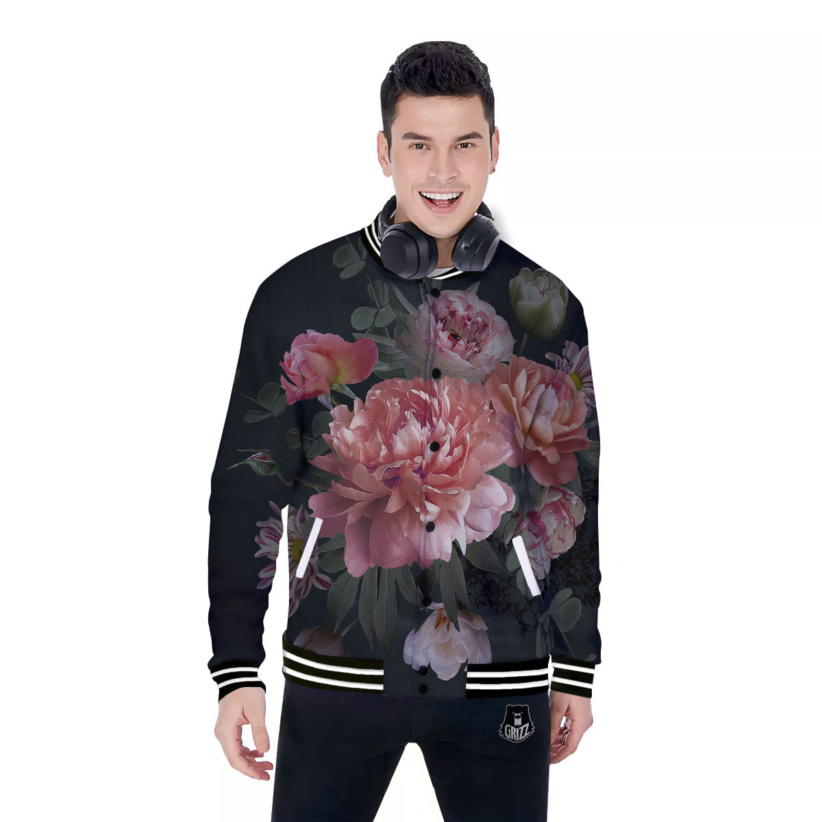 Rose And Peony Print Baseball Jacket-grizzshop