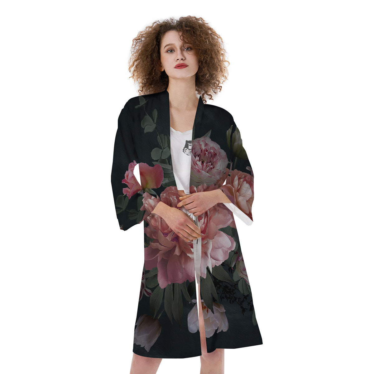 Rose And Peony Print Kimono-grizzshop