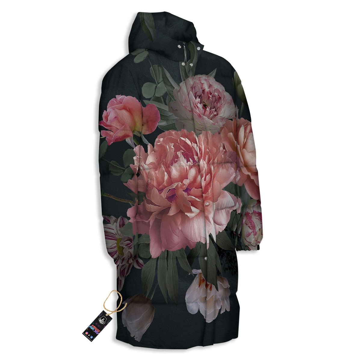 Rose And Peony Print Long Down Jacket-grizzshop
