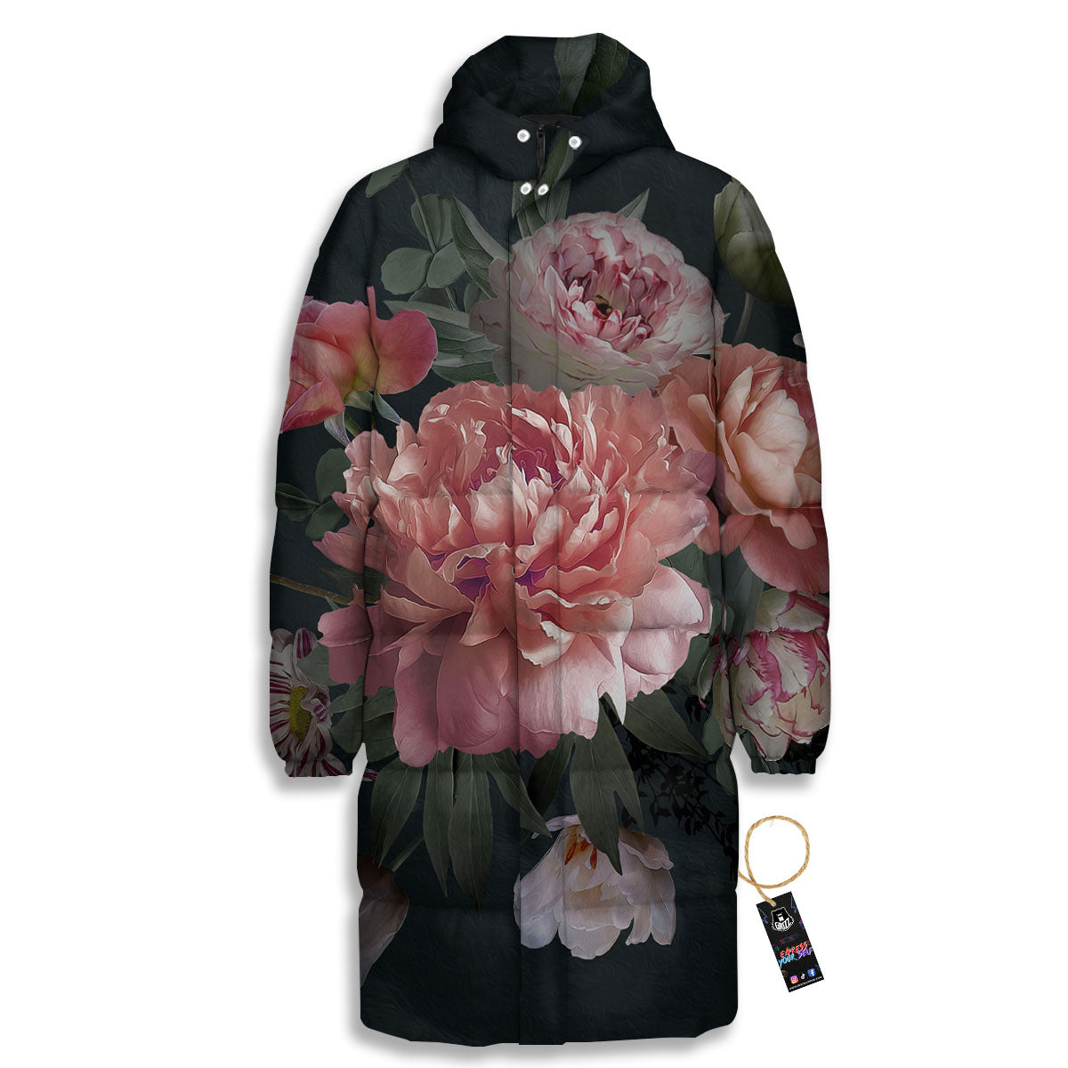 Rose And Peony Print Long Down Jacket-grizzshop