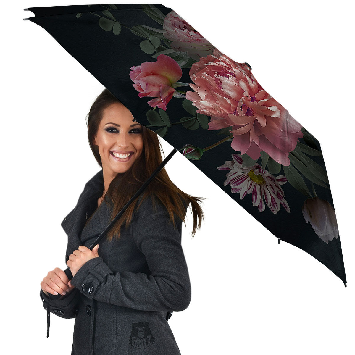 Rose And Peony Print Umbrella-grizzshop