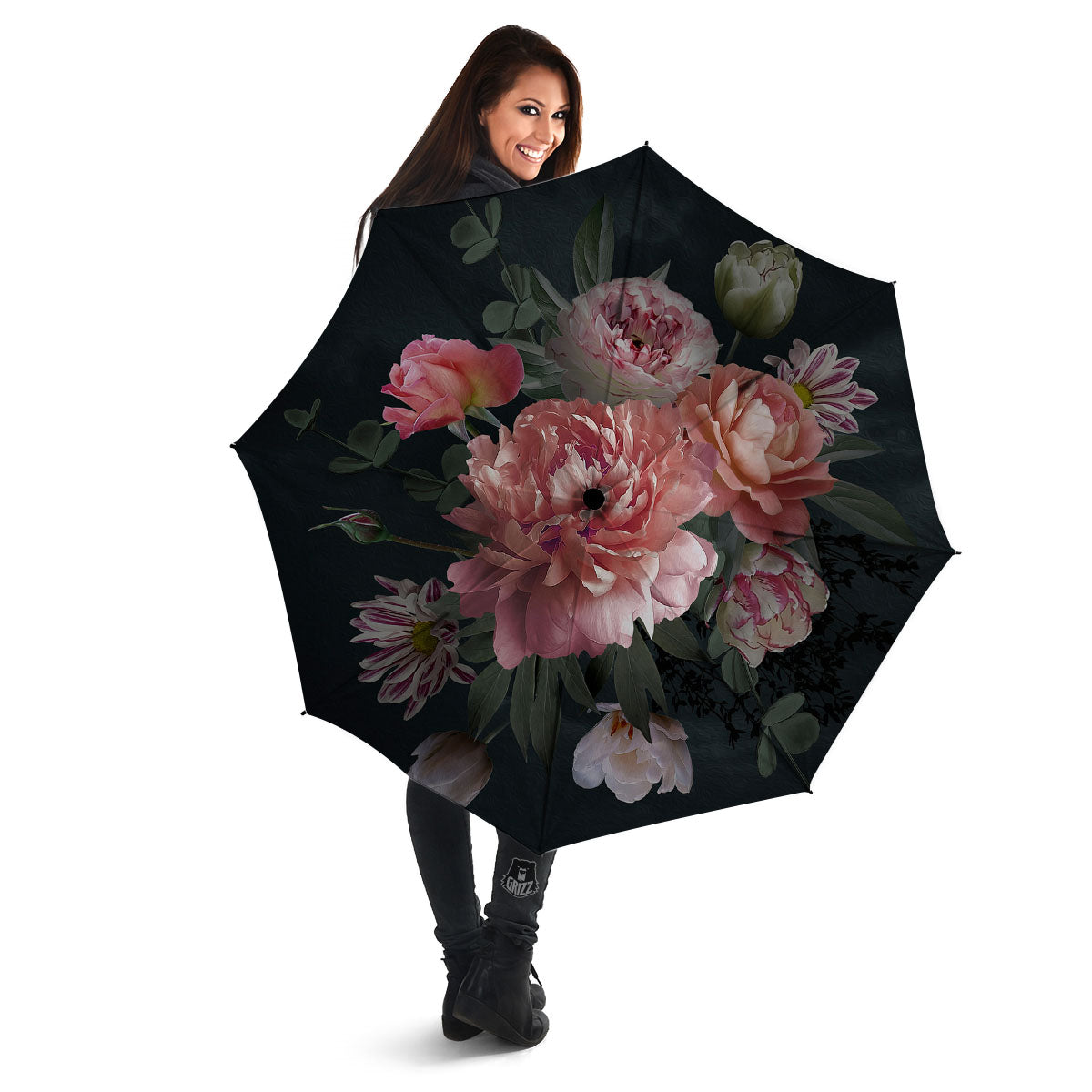 Rose And Peony Print Umbrella-grizzshop