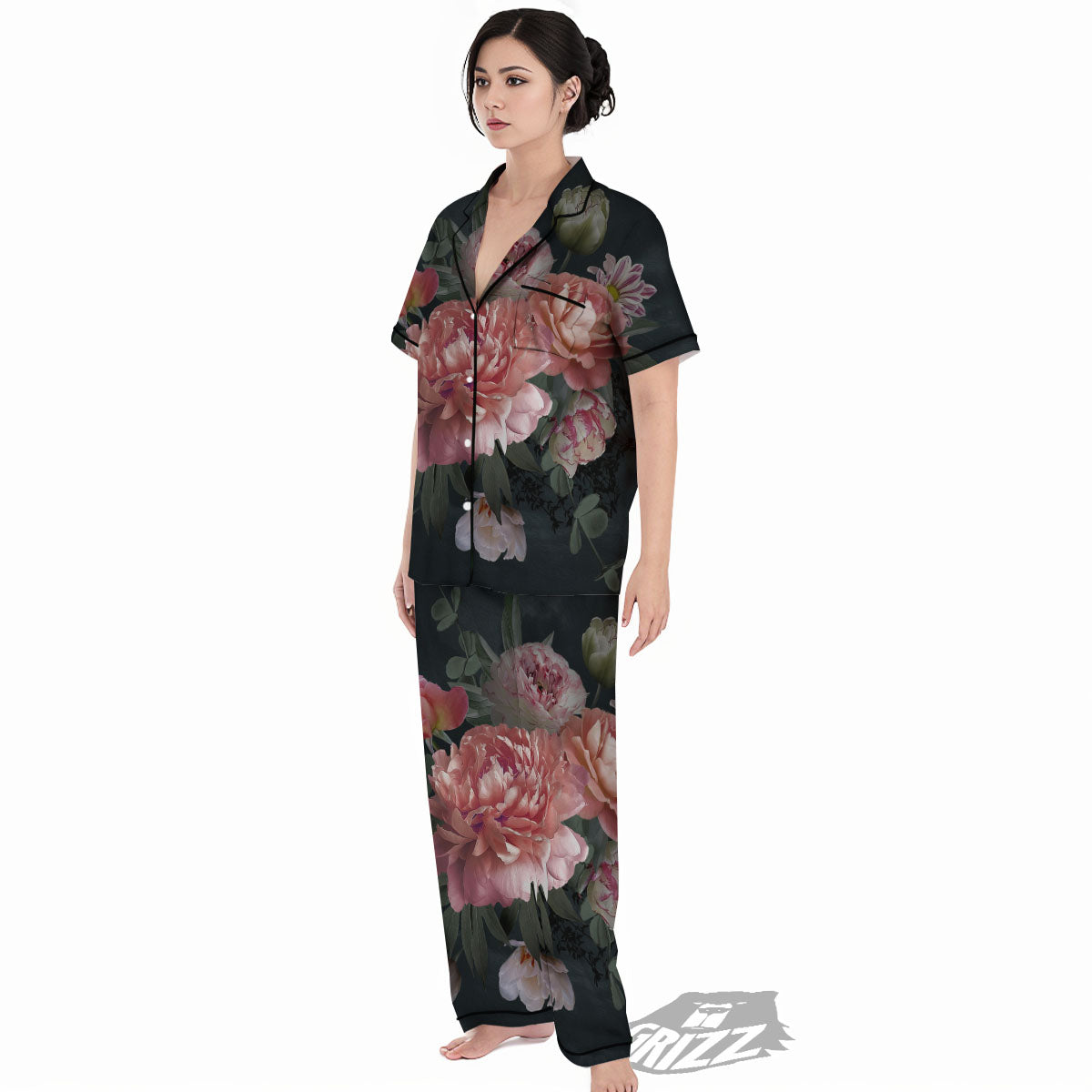 Rose And Peony Print Women's Pajamas Set-grizzshop