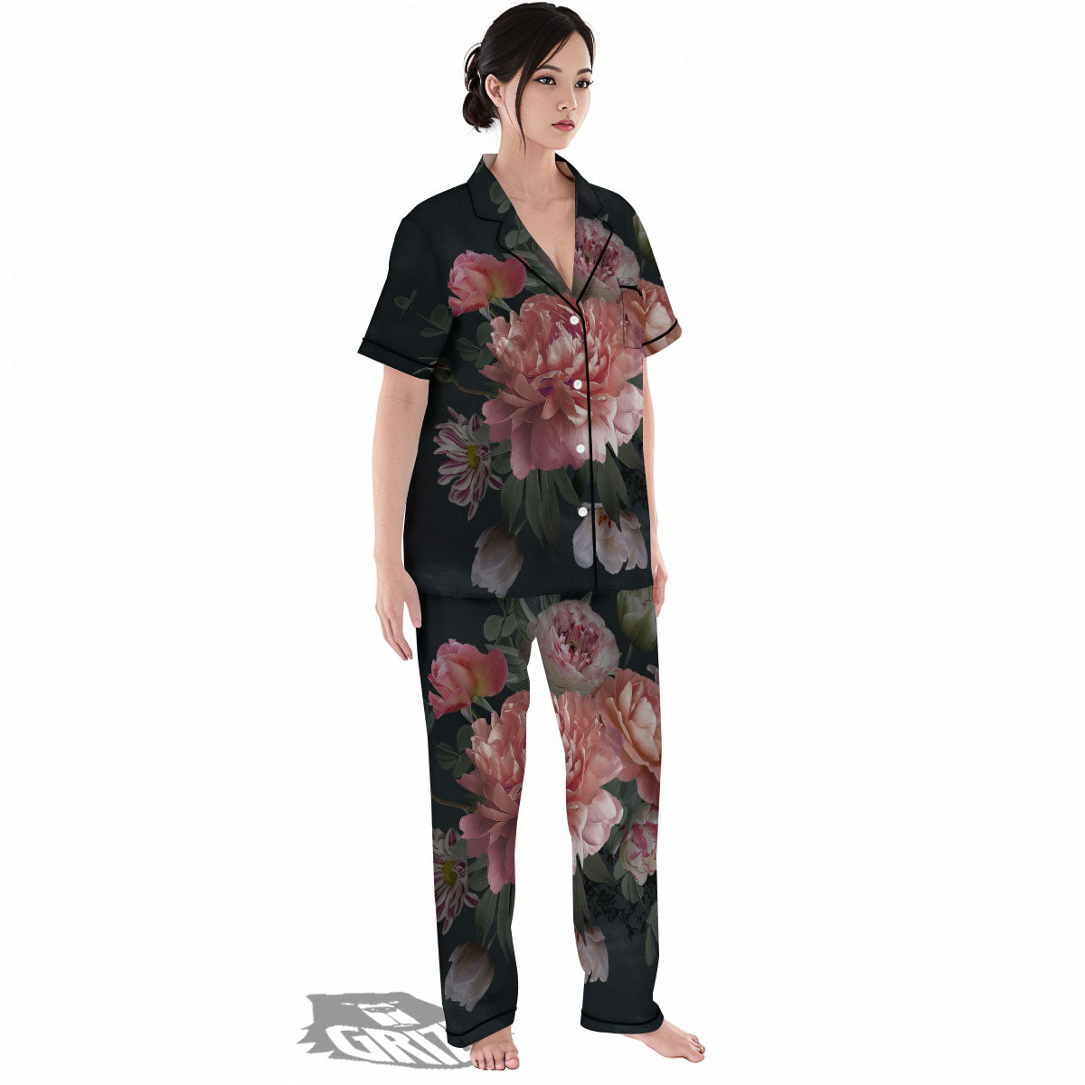 Rose And Peony Print Women's Pajamas Set-grizzshop