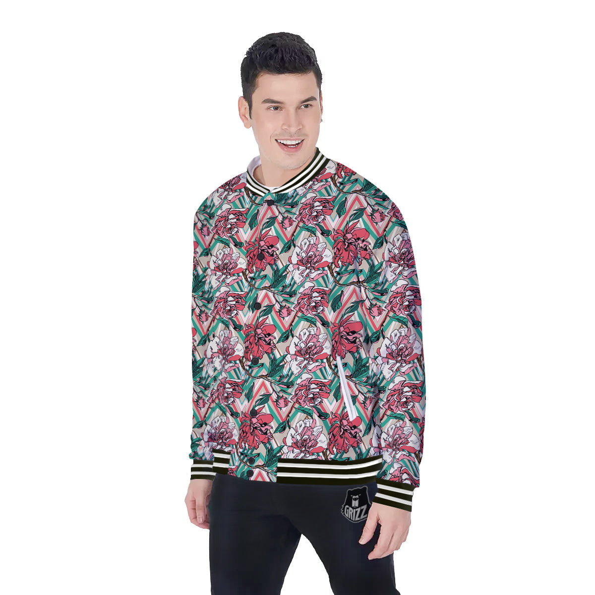 Rose And Zigzag Peony Print Pattern Baseball Jacket-grizzshop