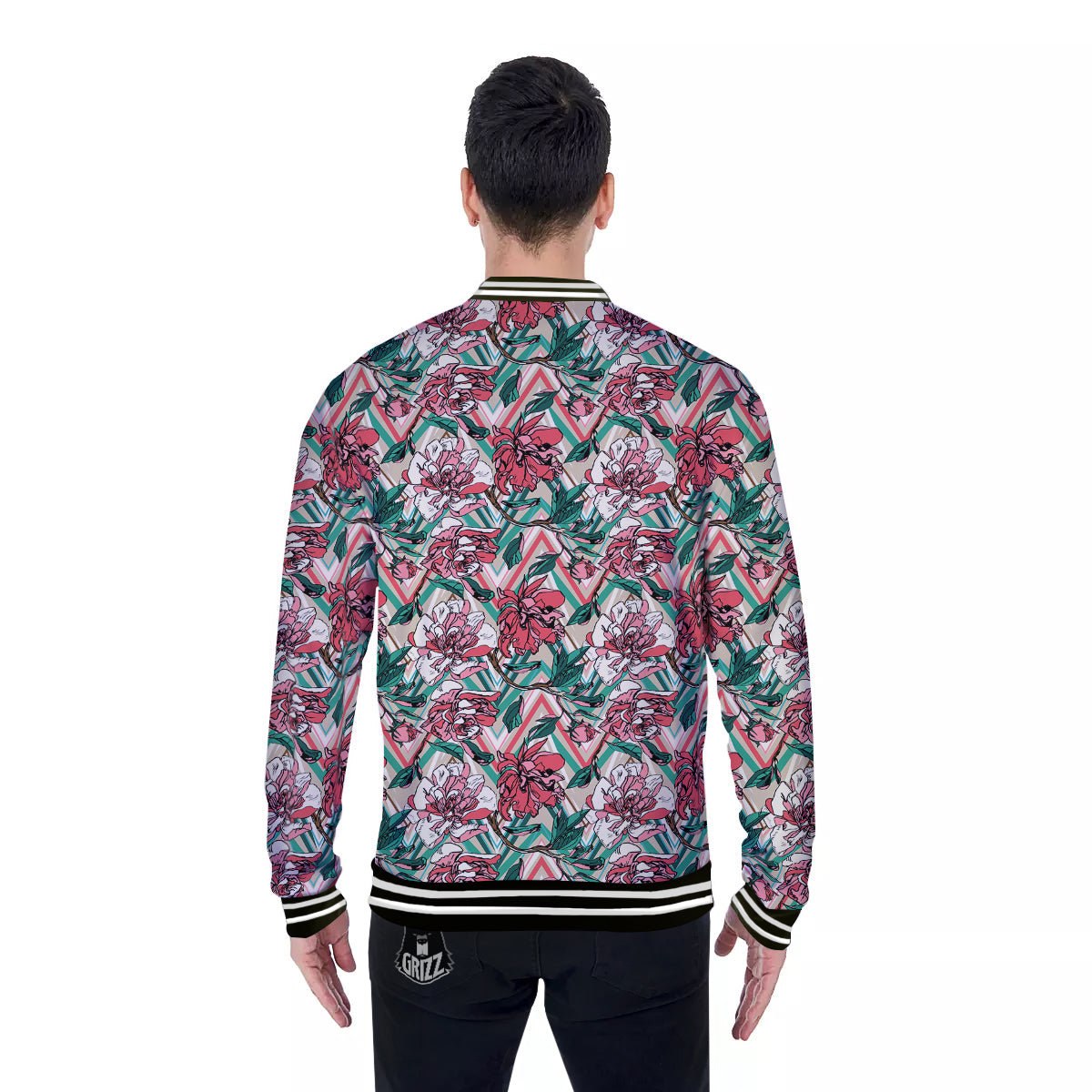 Rose And Zigzag Peony Print Pattern Baseball Jacket-grizzshop
