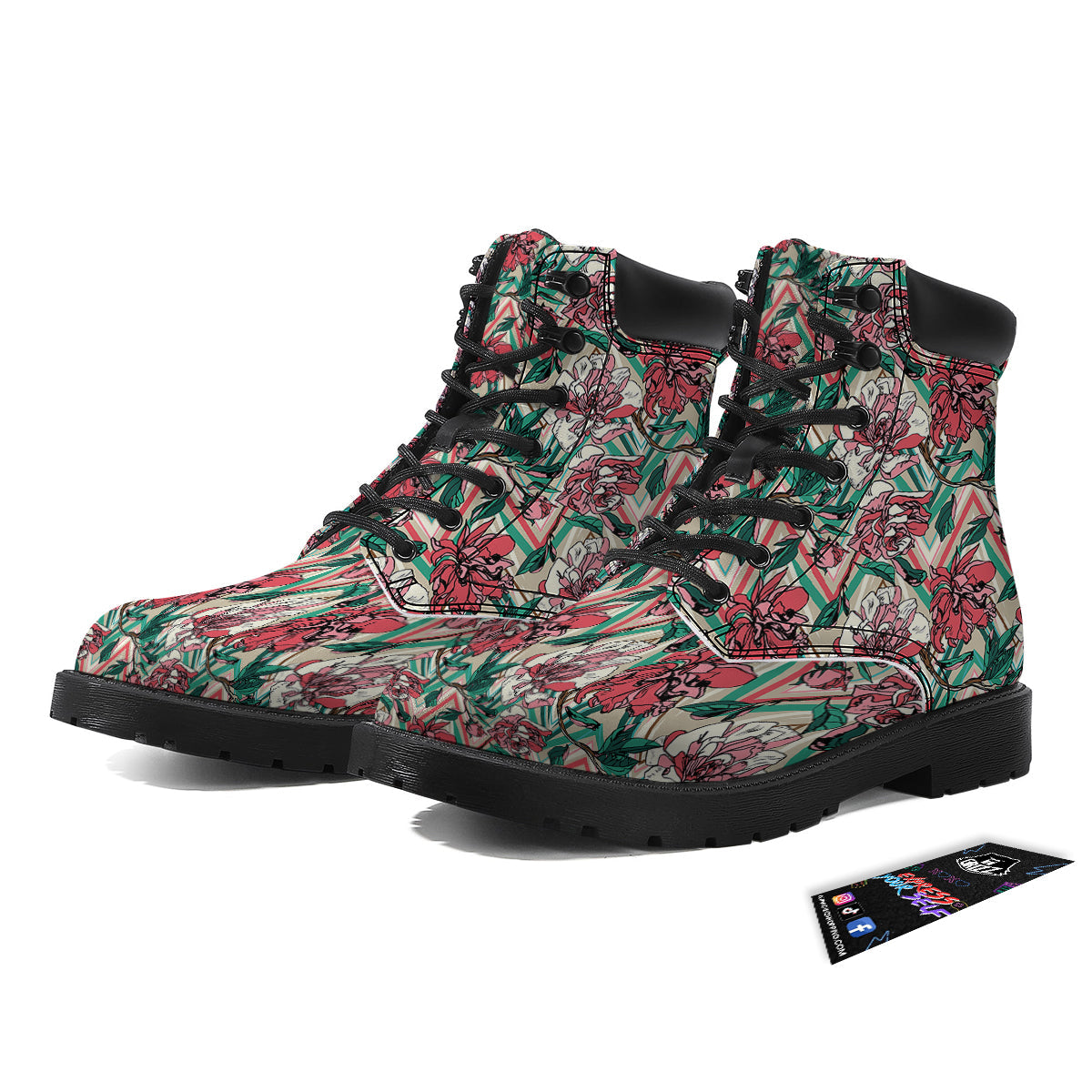 Rose And Zigzag Peony Print Pattern Boots-grizzshop