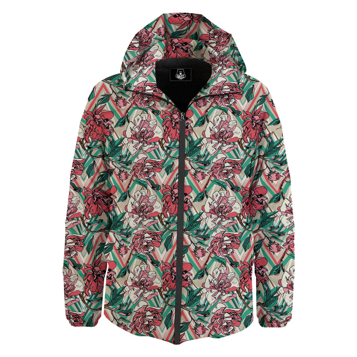 Rose And Zigzag Peony Print Pattern Down Jacket-grizzshop