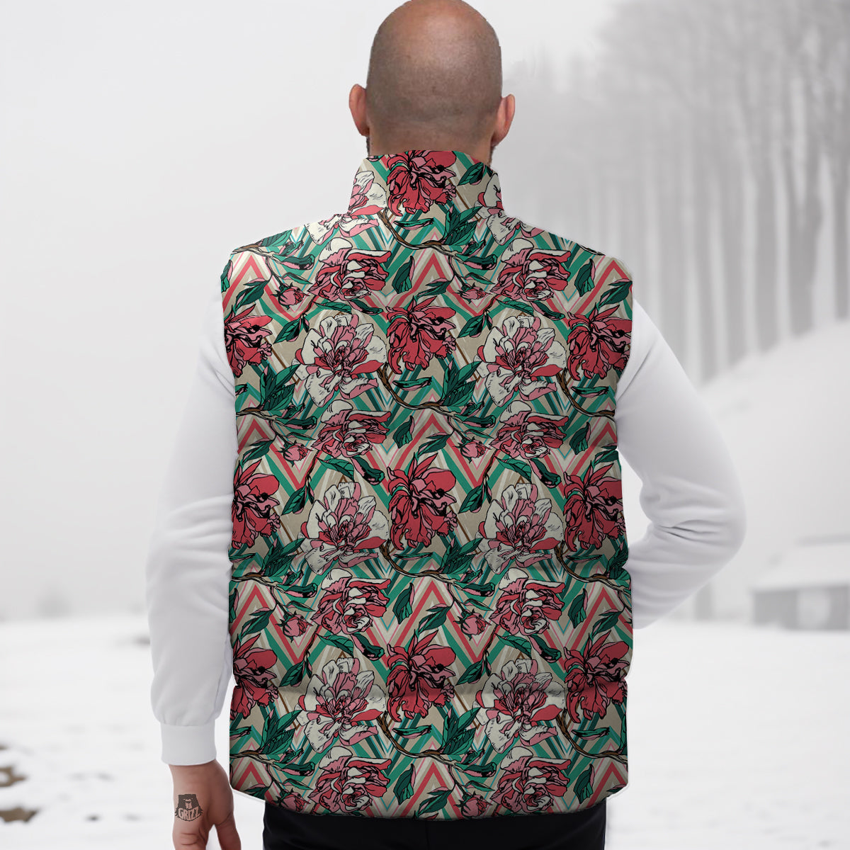 Rose And Zigzag Peony Print Pattern Down Vest-grizzshop