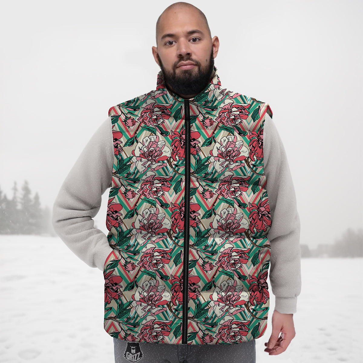 Rose And Zigzag Peony Print Pattern Down Vest-grizzshop