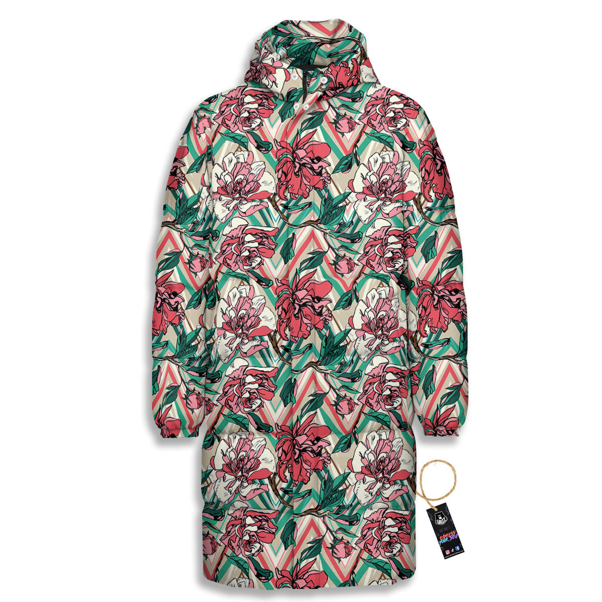 Rose And Zigzag Peony Print Pattern Long Down Jacket-grizzshop