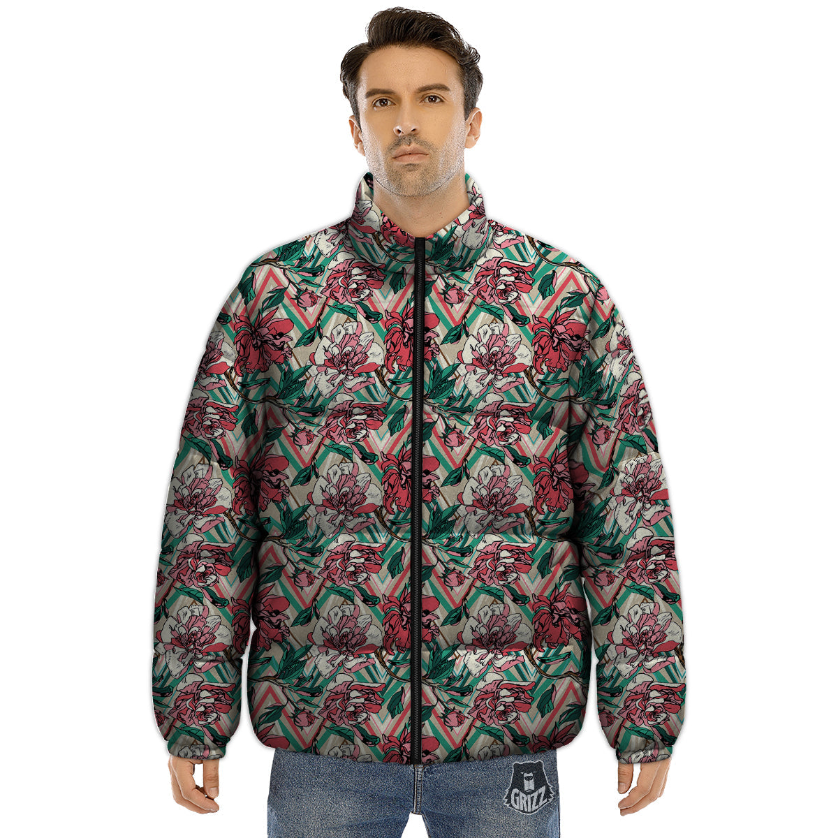 Rose And Zigzag Peony Print Pattern Puffer Jacket-grizzshop