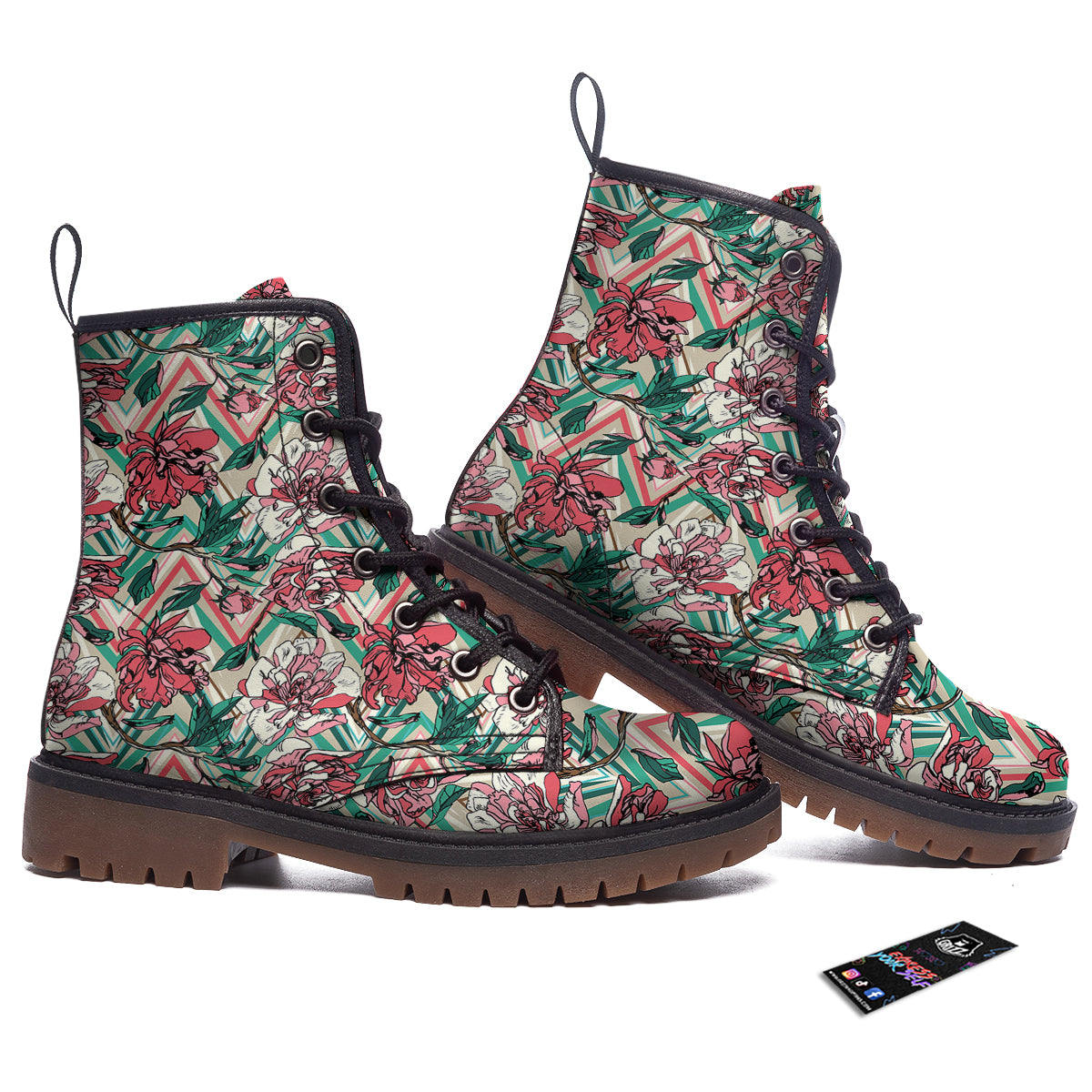 Rose And Zigzag Peony Print Pattern Work Boots-grizzshop