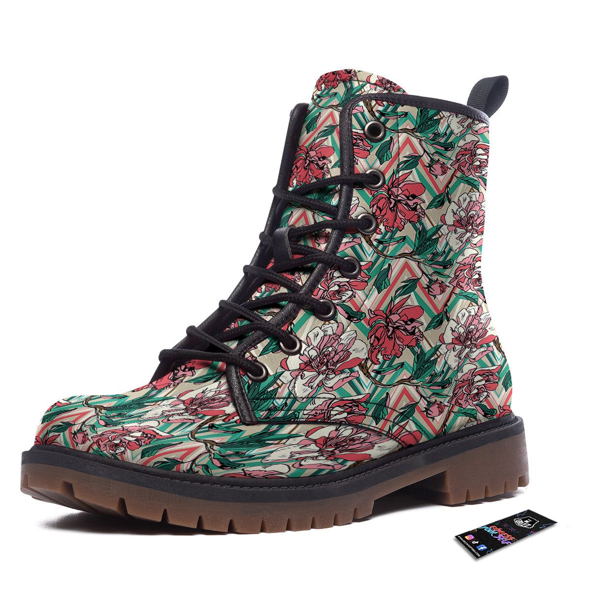 Rose And Zigzag Peony Print Pattern Work Boots-grizzshop