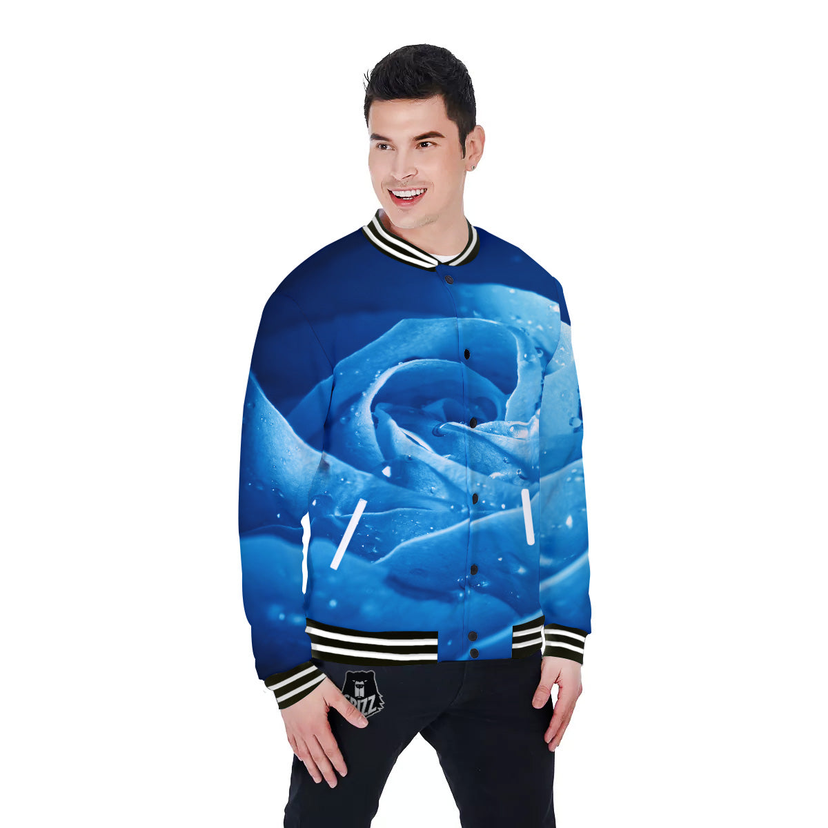 Rose Blue Print Baseball Jacket-grizzshop