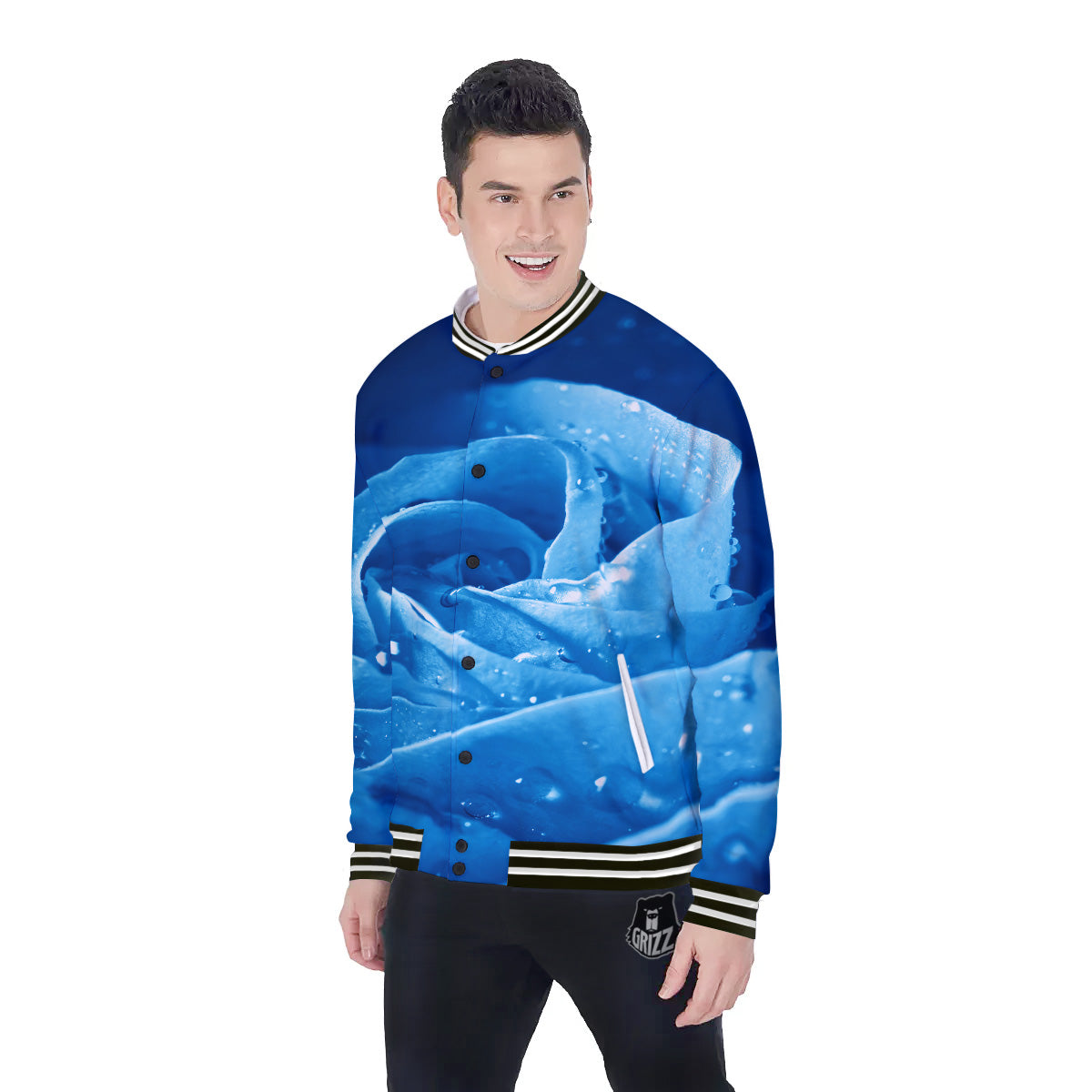 Rose Blue Print Baseball Jacket-grizzshop