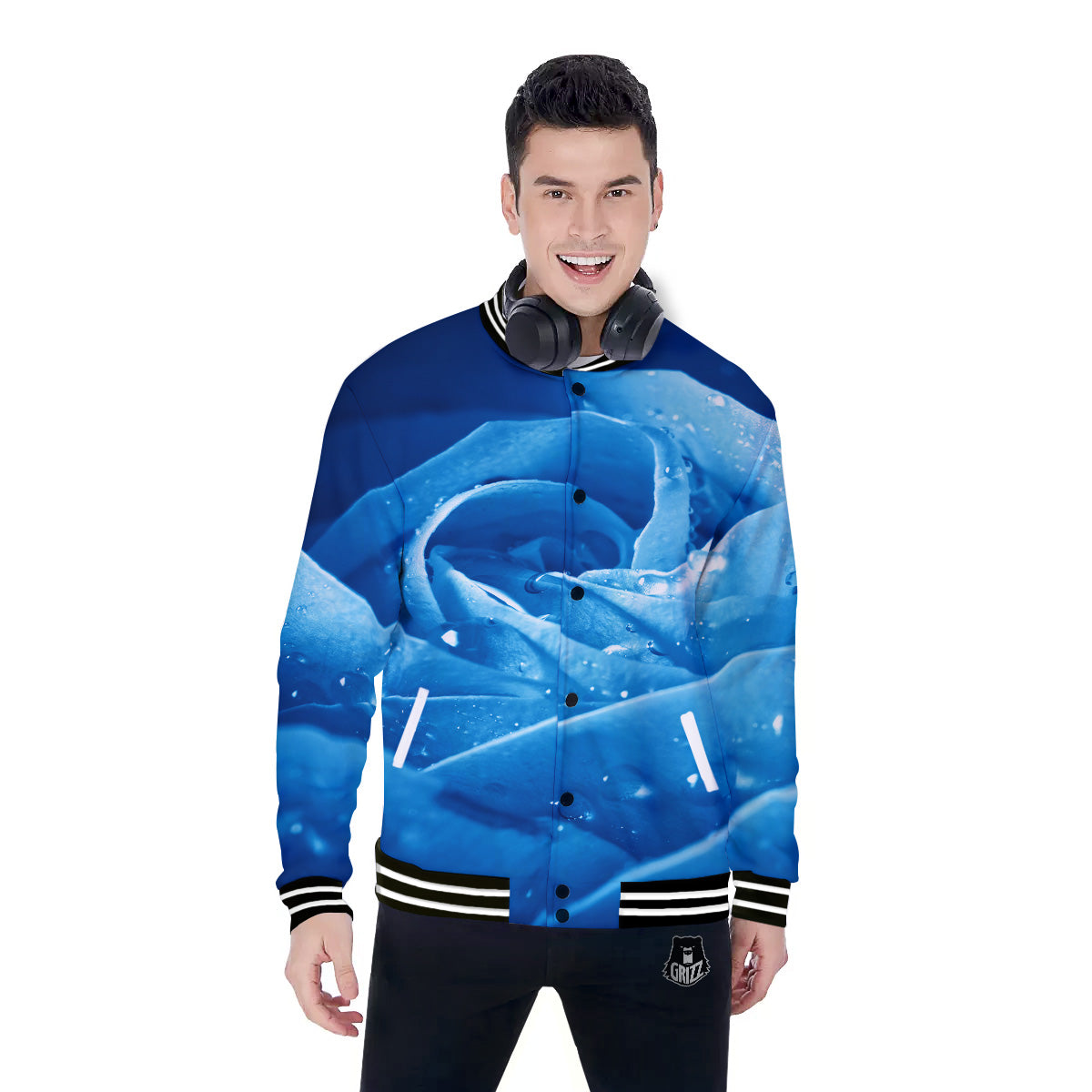 Rose Blue Print Baseball Jacket-grizzshop