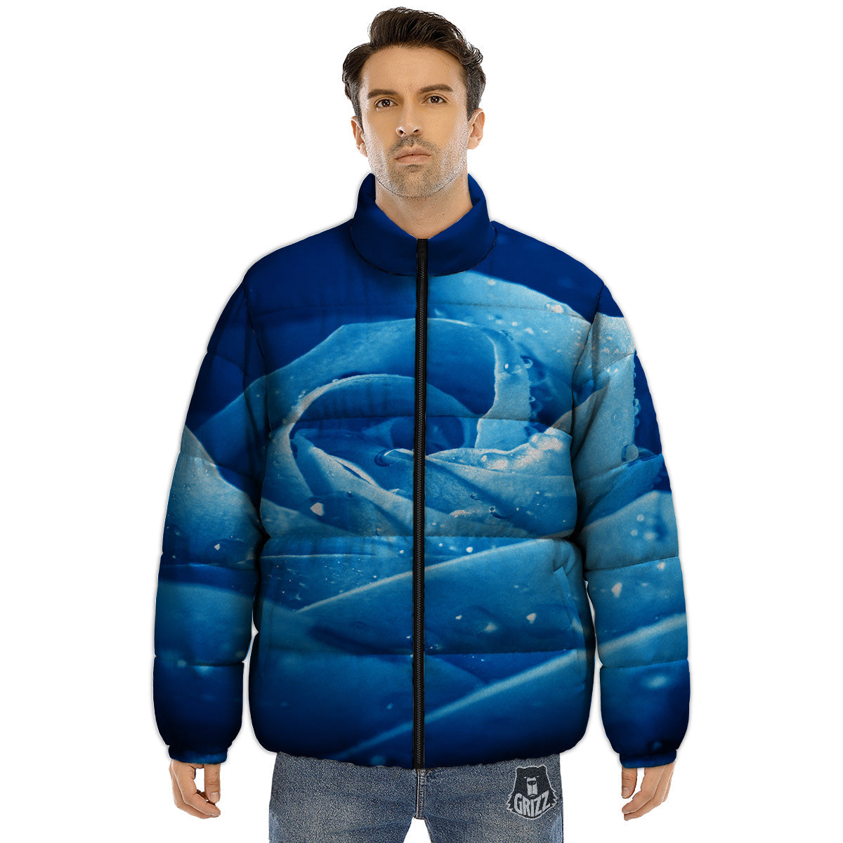 Rose Blue Print Puffer Jacket-grizzshop