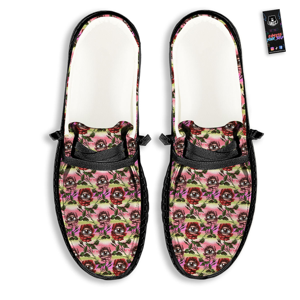 Rose Eyeball Print Pattern Black Loafers-grizzshop