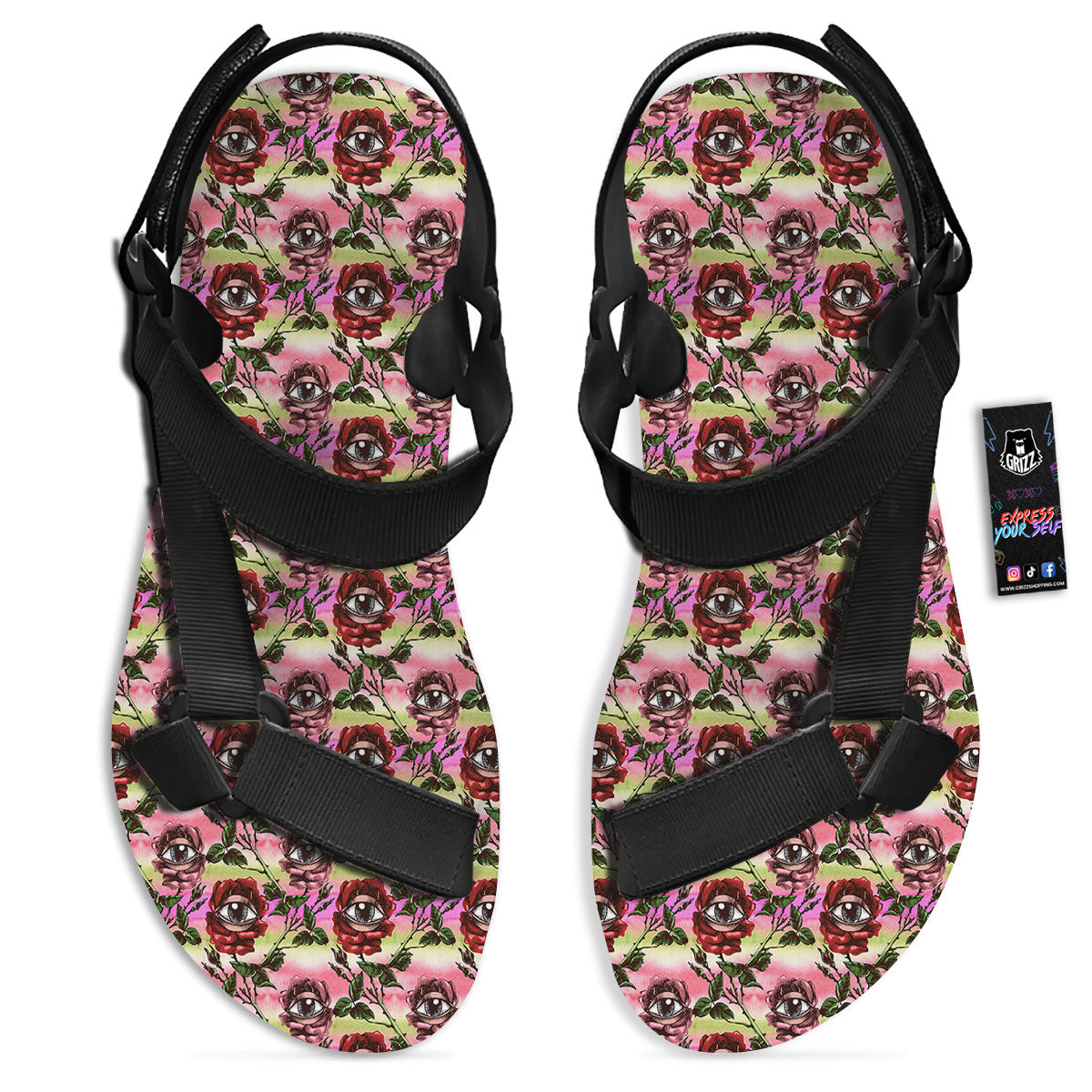 Rose Eyeball Print Pattern Black Open Toe Sandals-grizzshop