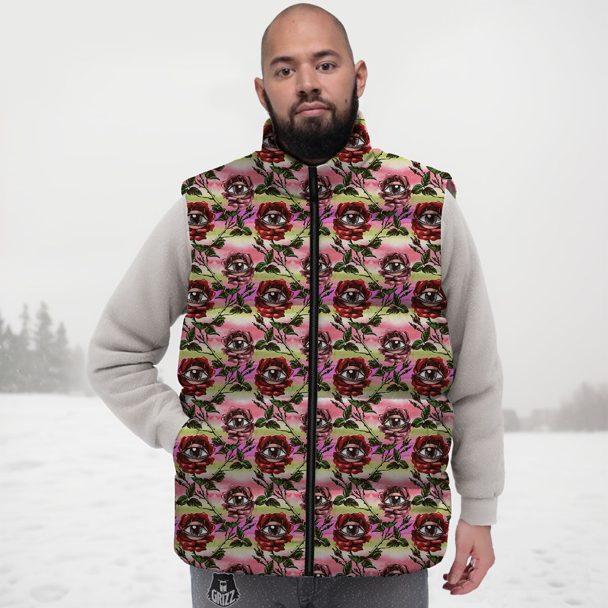 Rose Eyeball Print Pattern Down Vest-grizzshop