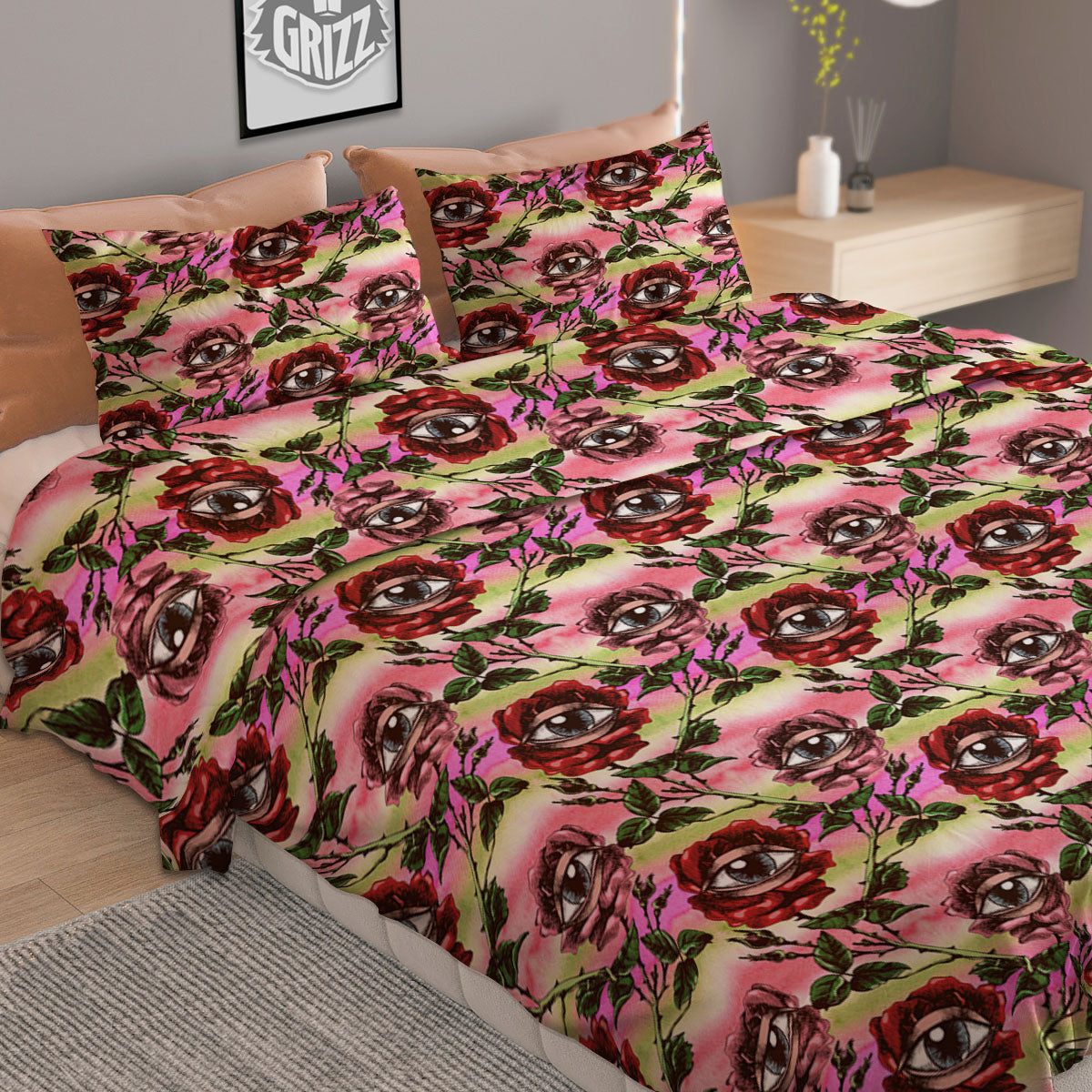Rose Eyeball Print Pattern Duvet Cover Bedding Set