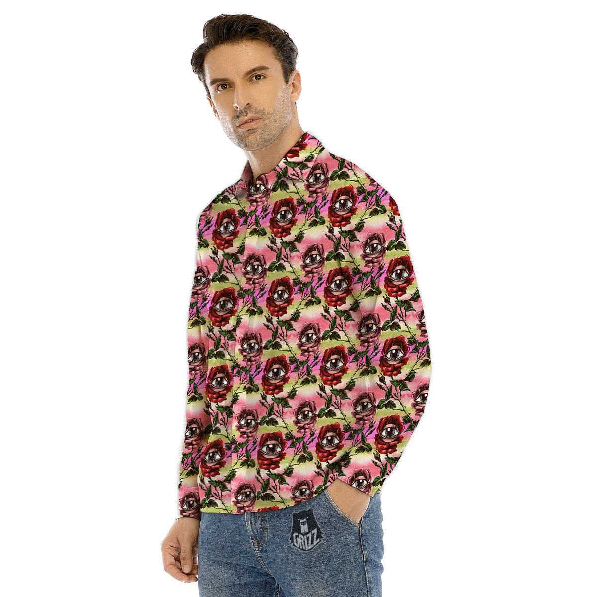 Rose Eyeball Print Pattern Men's Dress Shirts-grizzshop