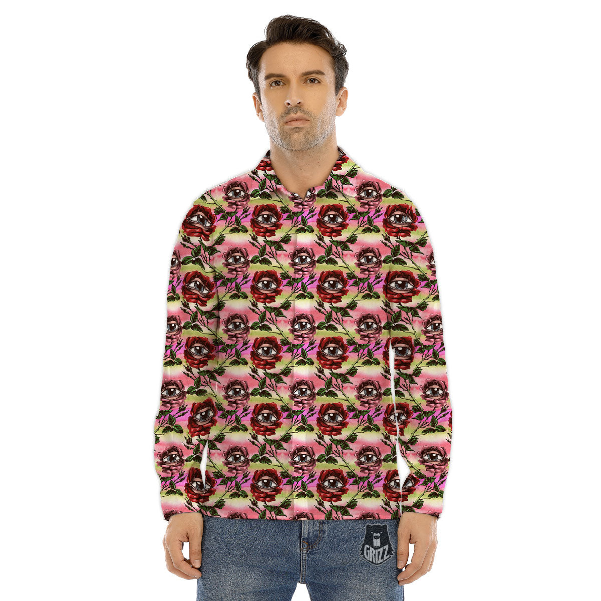 Rose Eyeball Print Pattern Men's Dress Shirts-grizzshop