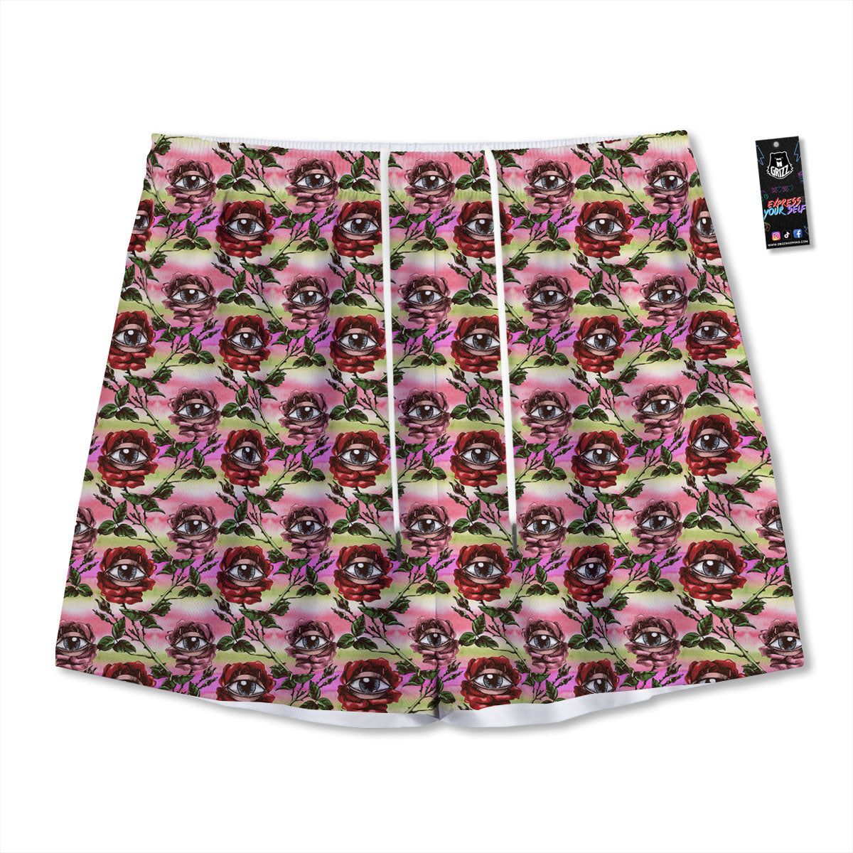 Rose Eyeball Print Pattern Mesh Shorts-grizzshop