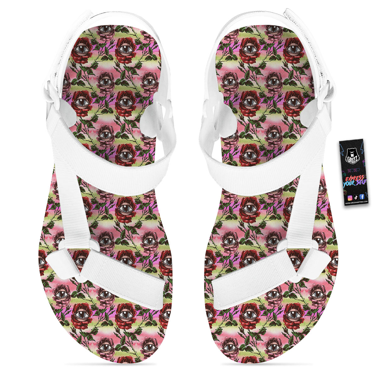 Rose Eyeball Print Pattern White Open Toe Sandals-grizzshop