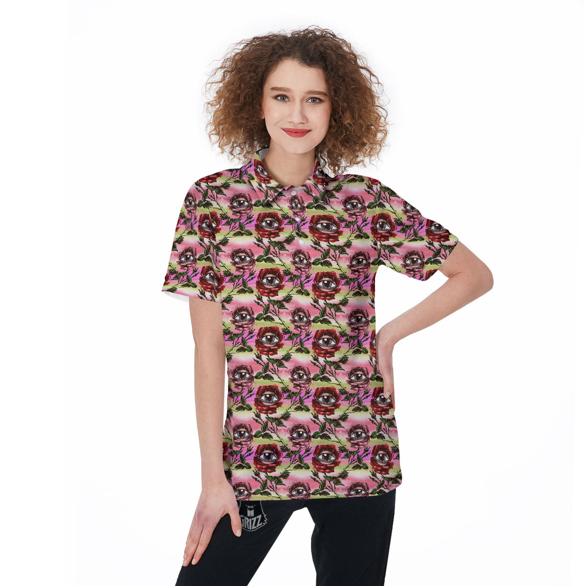 Rose Eyeball Print Pattern Women's Golf Shirts-grizzshop