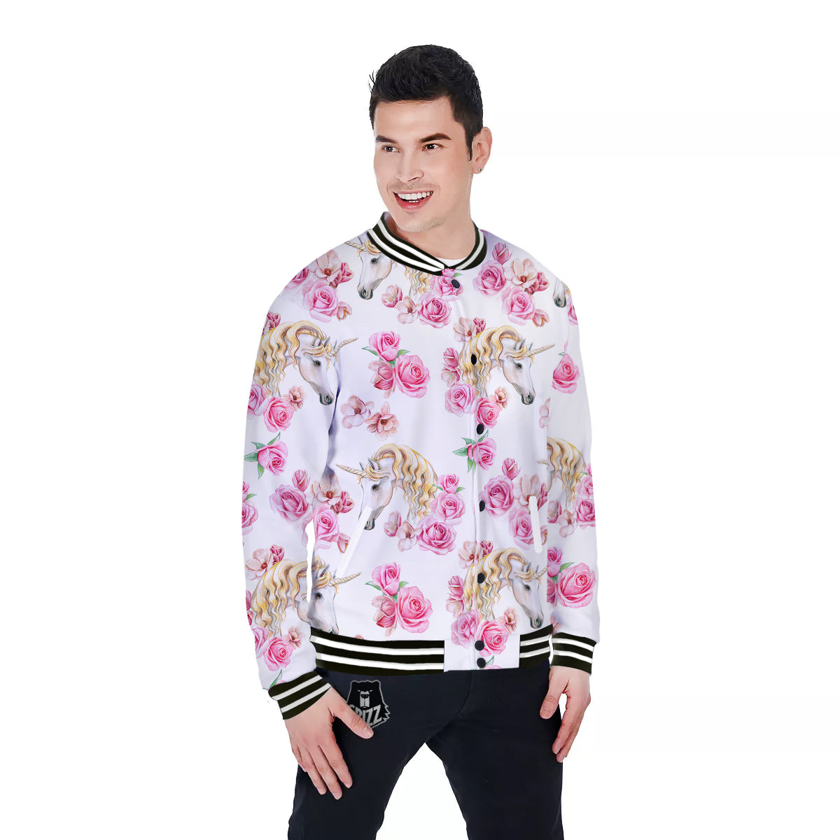 Rose Fairy White Unicorn Print Pattern Baseball Jacket-grizzshop