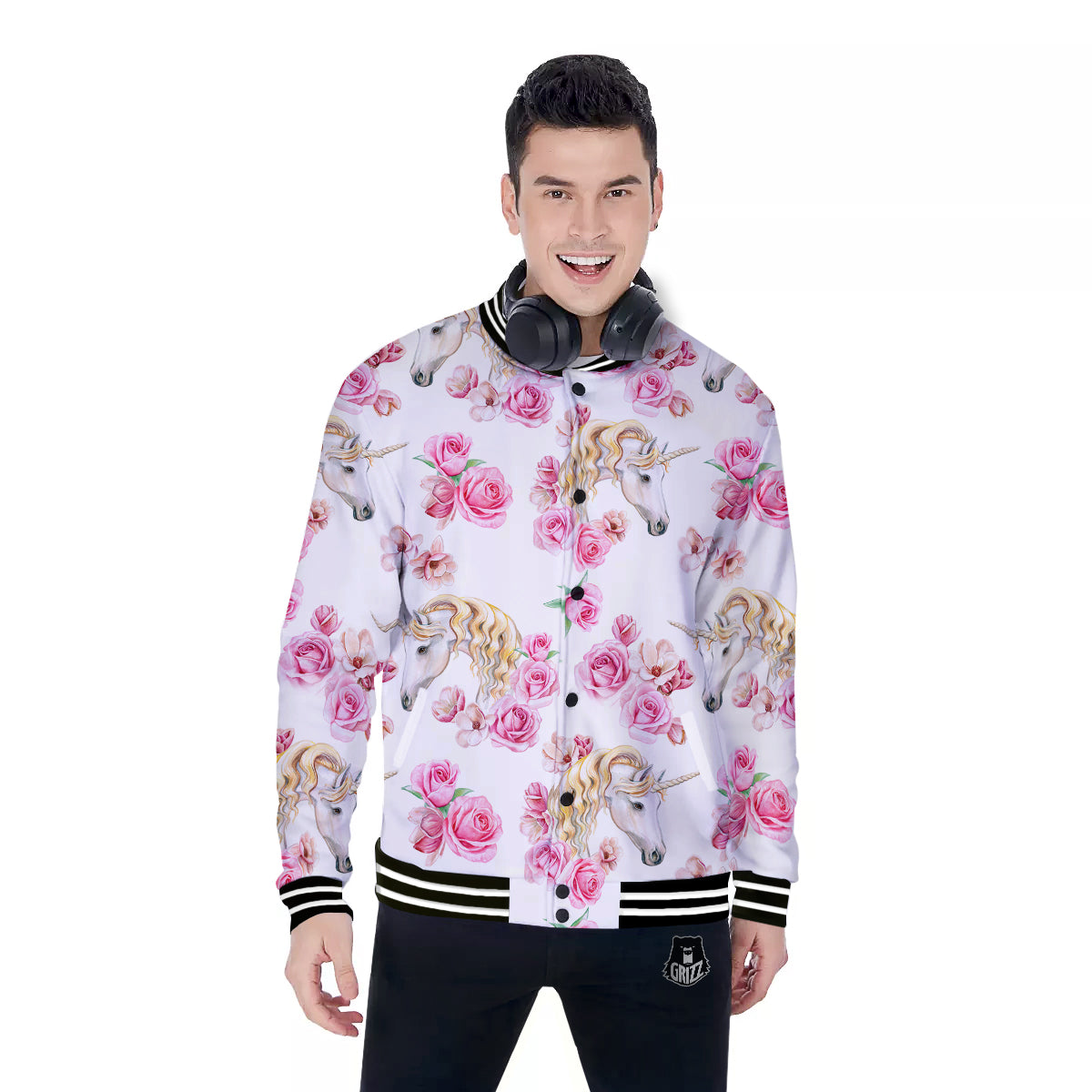 Rose Fairy White Unicorn Print Pattern Baseball Jacket-grizzshop