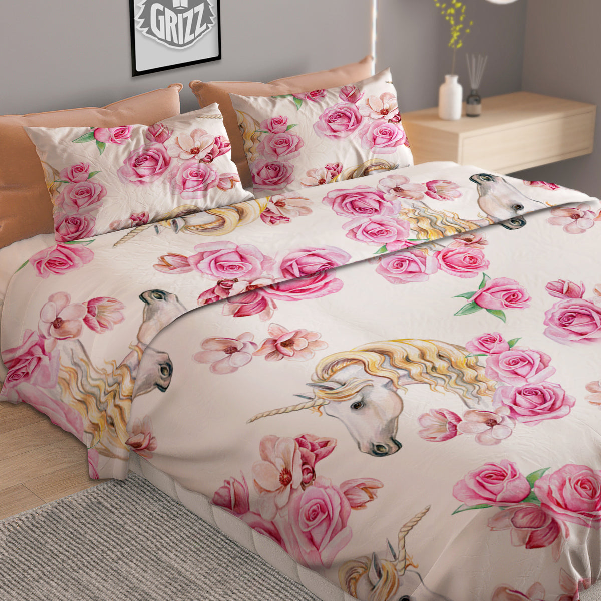 Rose Fairy White Unicorn Print Pattern Duvet Cover Bedding Set