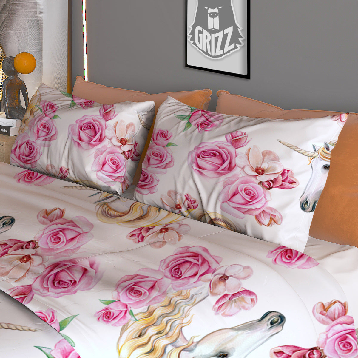 Rose Fairy White Unicorn Print Pattern Duvet Cover Bedding Set