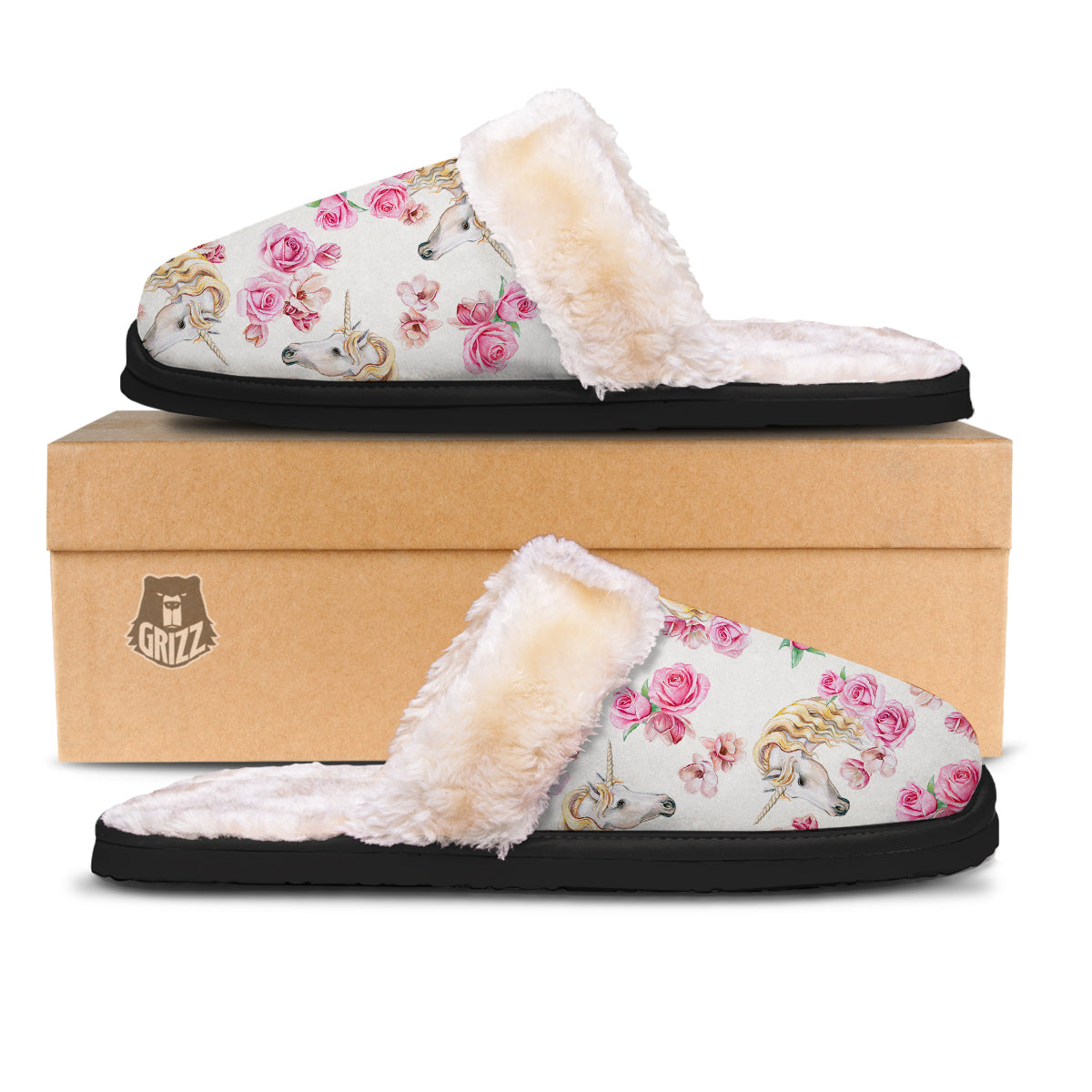 Rose Fairy White Unicorn Print Pattern Slippers-grizzshop
