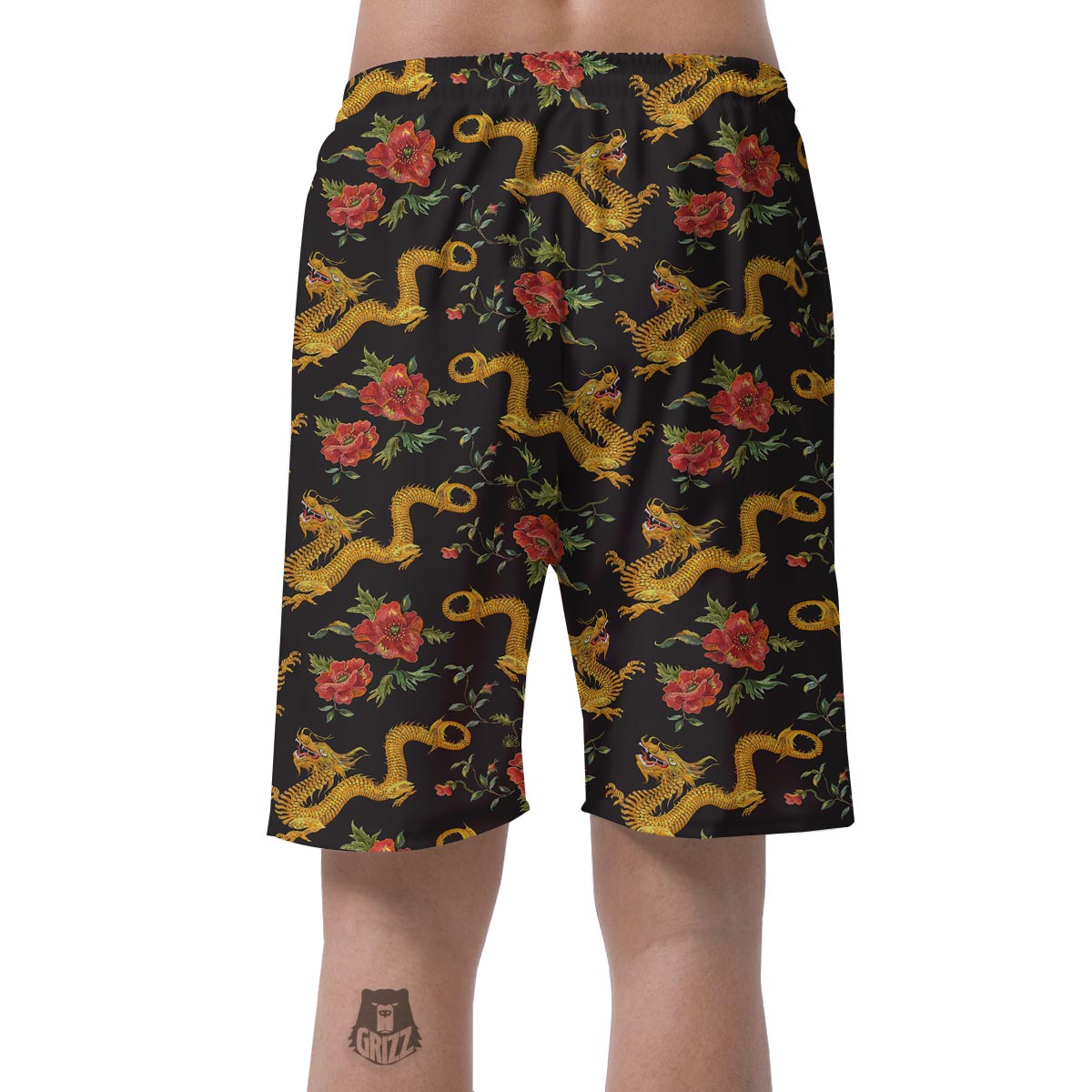 Rose Floral Golden Dragon Print Men's Shorts-grizzshop
