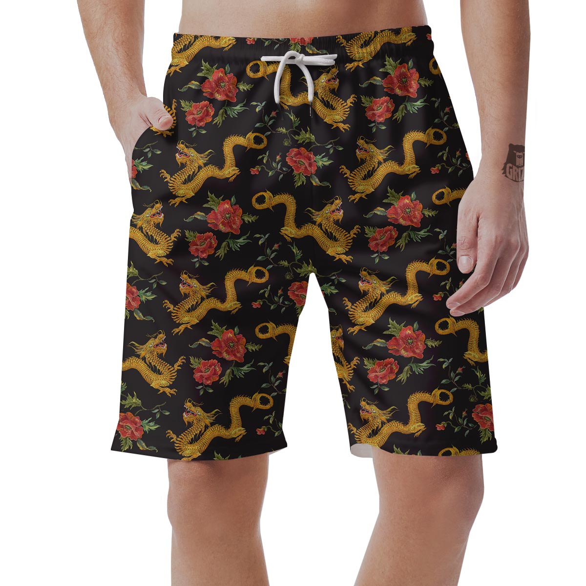 Rose Floral Golden Dragon Print Men's Shorts-grizzshop