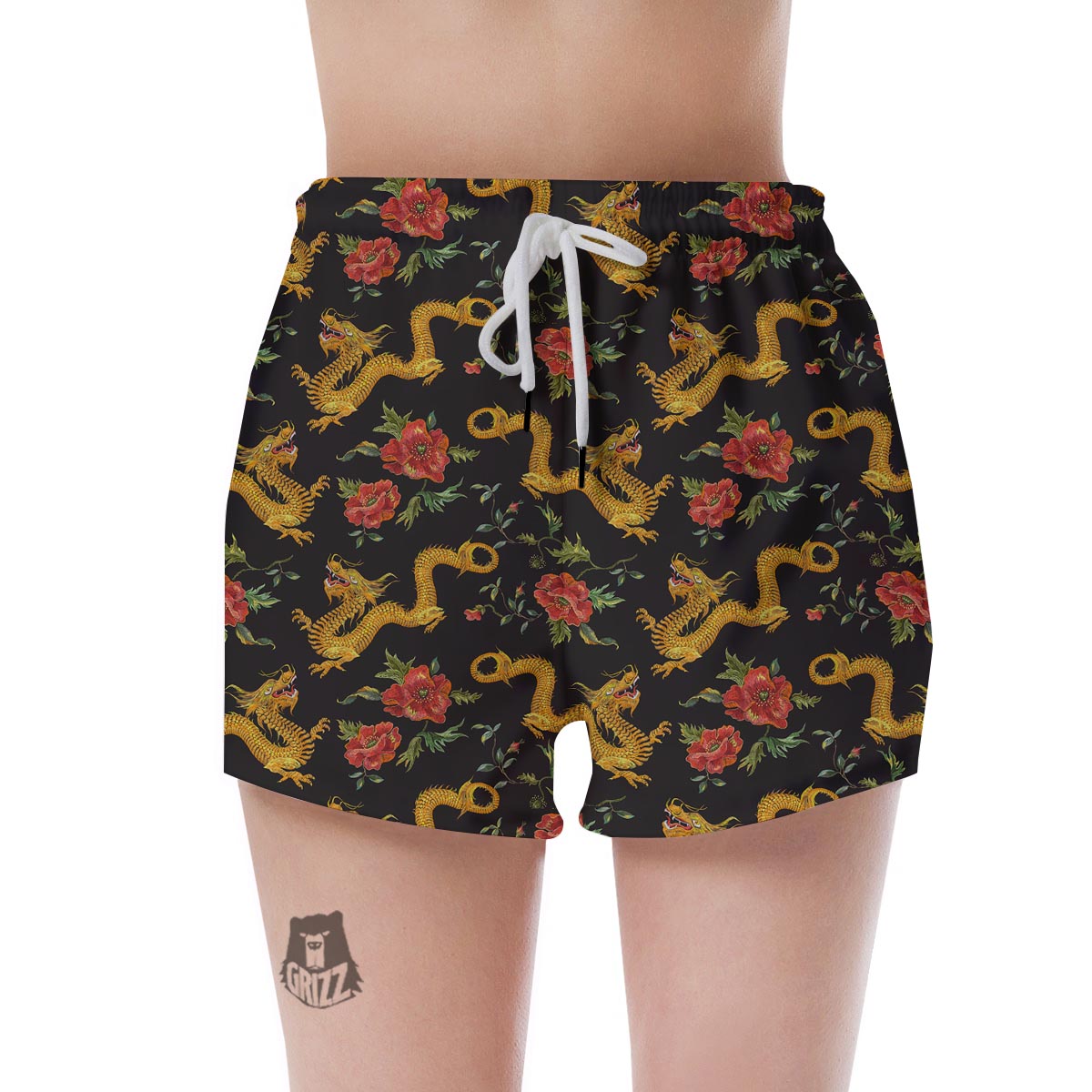 Rose Floral Golden Dragon Print Women's Shorts-grizzshop