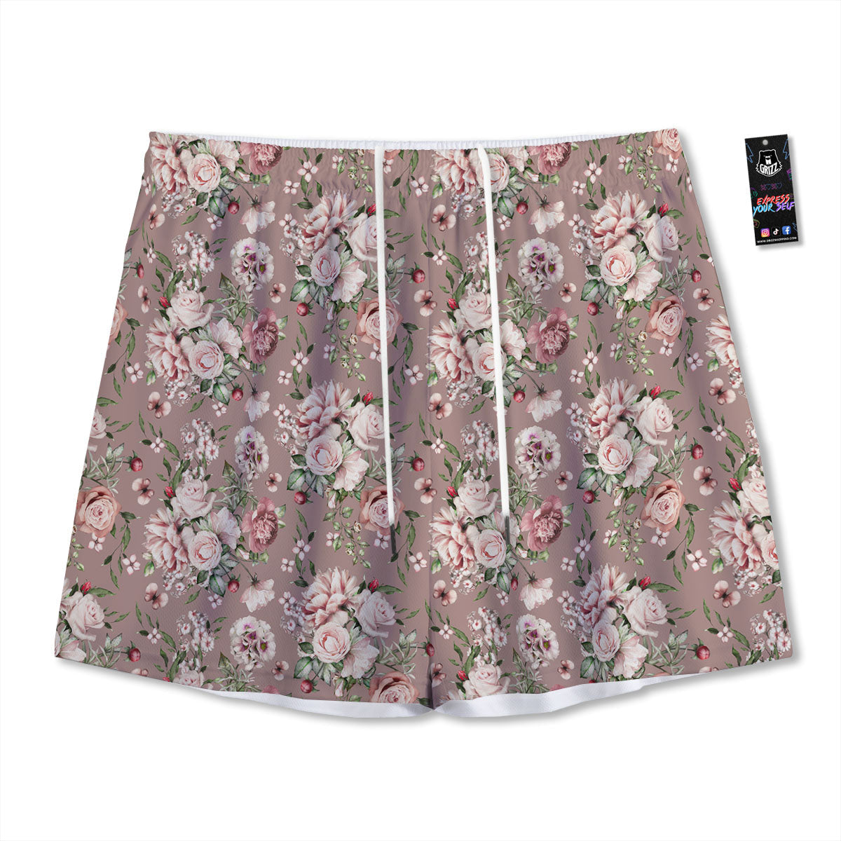 Rose Floral Pink Vintage Print Pattern Mesh Shorts