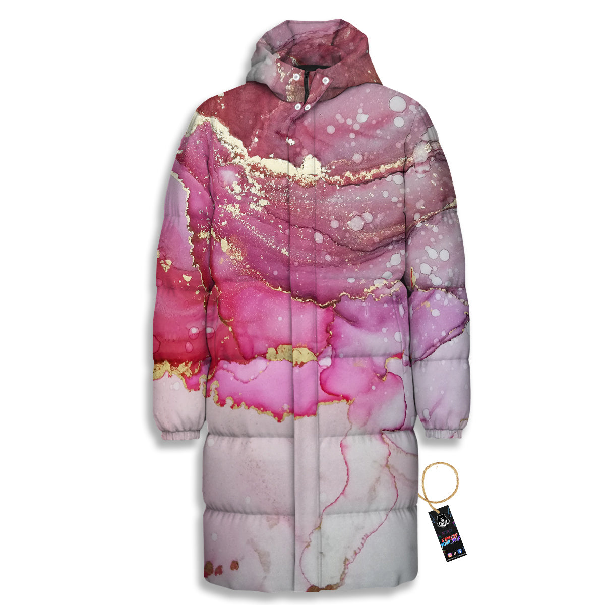 Rose Gold Marble Print Long Down Jacket-grizzshop