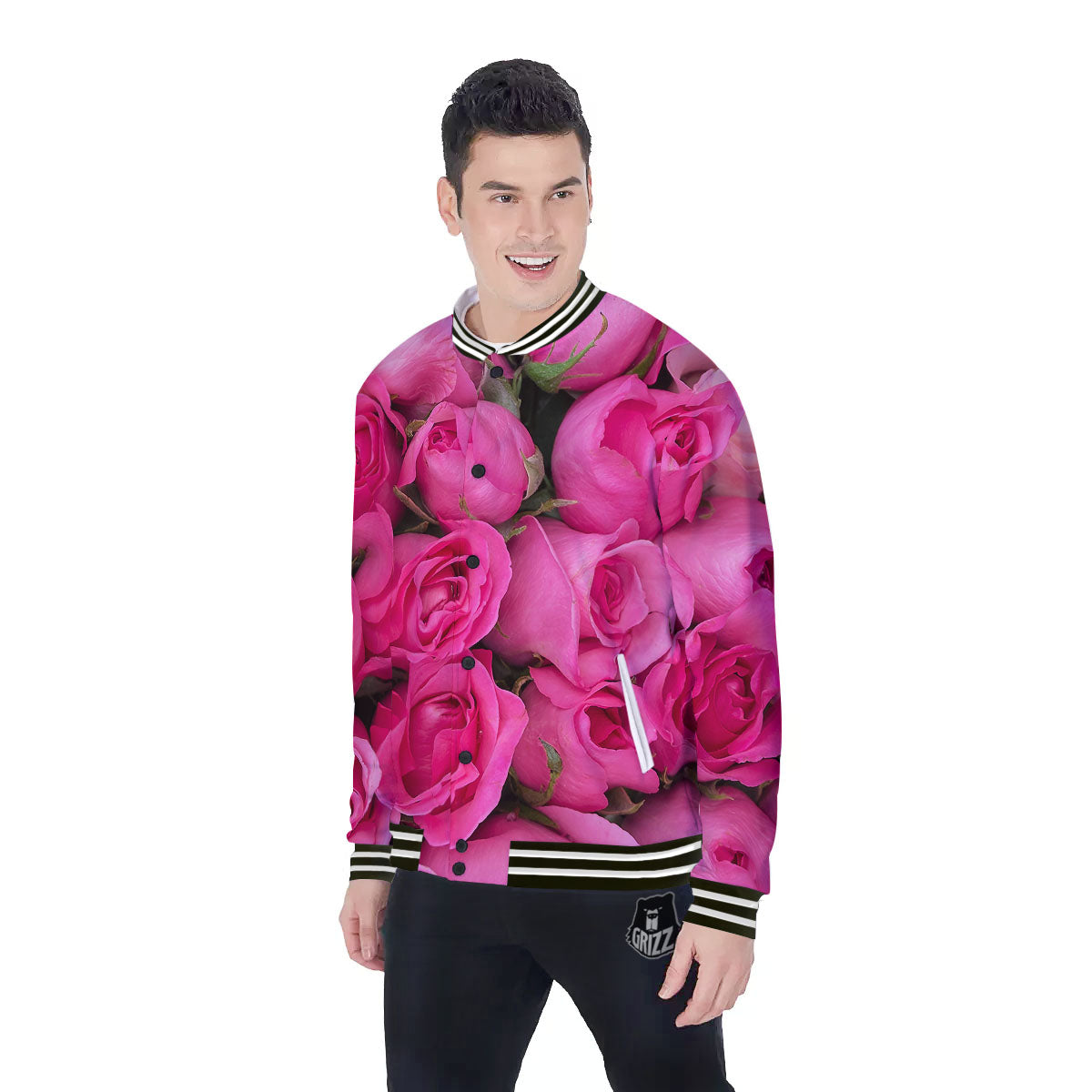 Rose Hot Pink Print Baseball Jacket-grizzshop