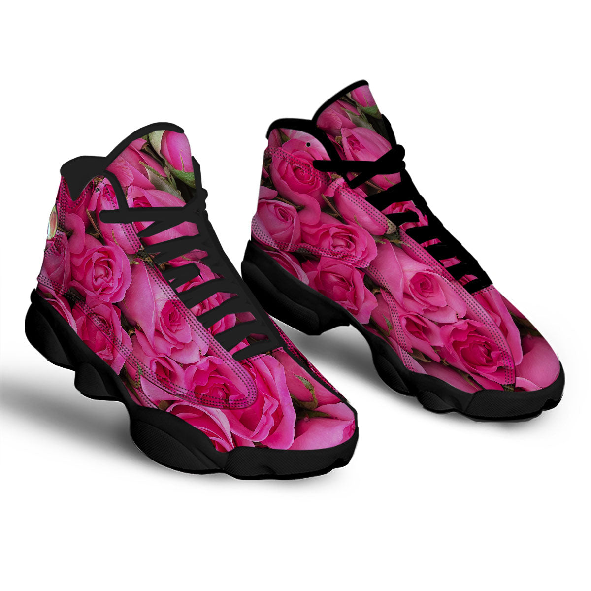 Rose Hot Pink Print Black Basketball Shoes-grizzshop