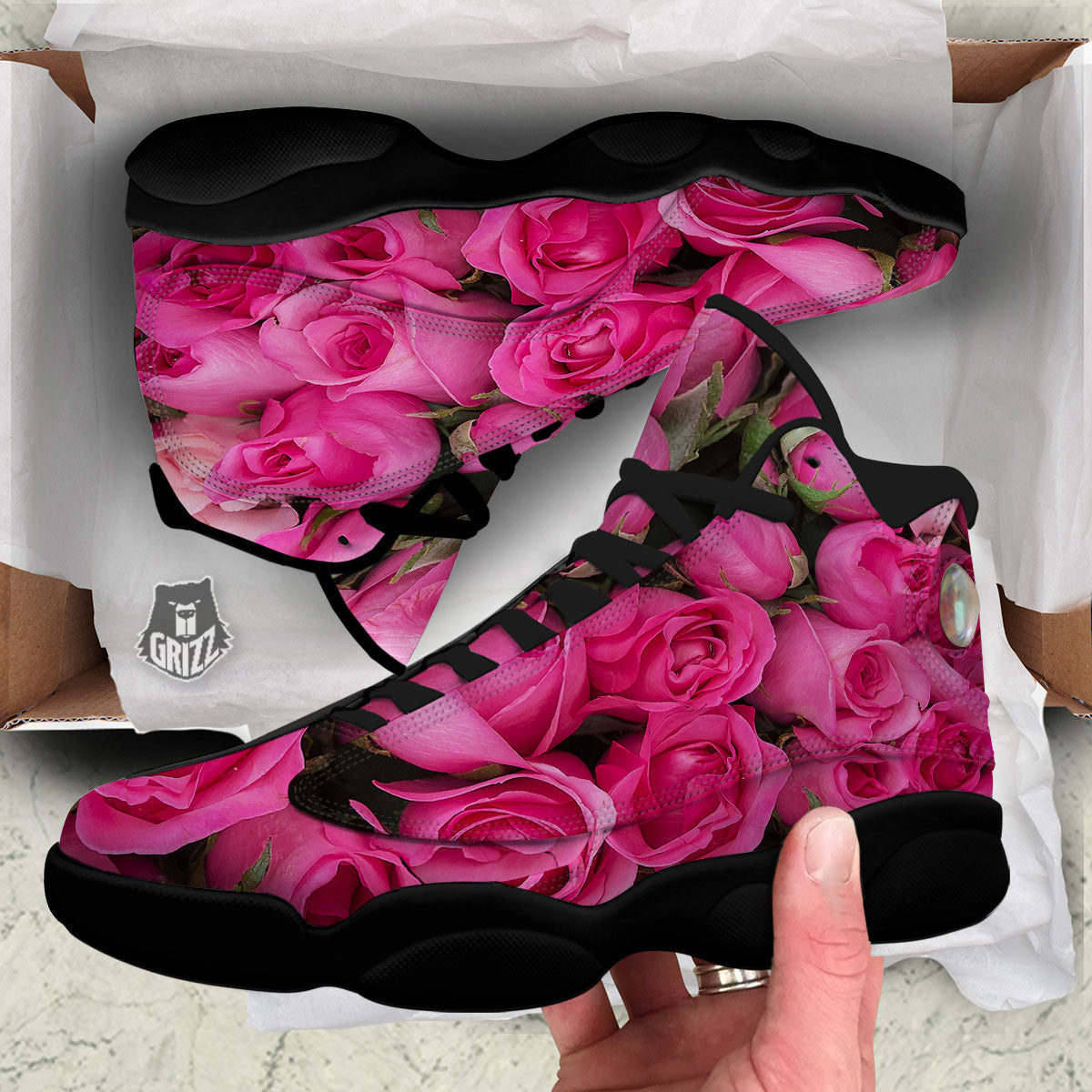 Rose Hot Pink Print Black Basketball Shoes-grizzshop